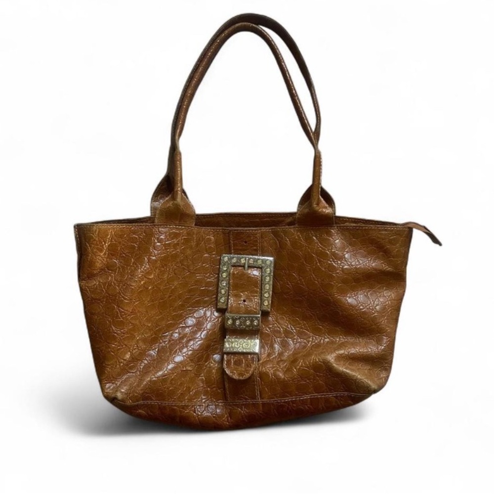 Vintage Brown Genuine Crocodile Leather Tote Shoulder Bag with Buckle Detail